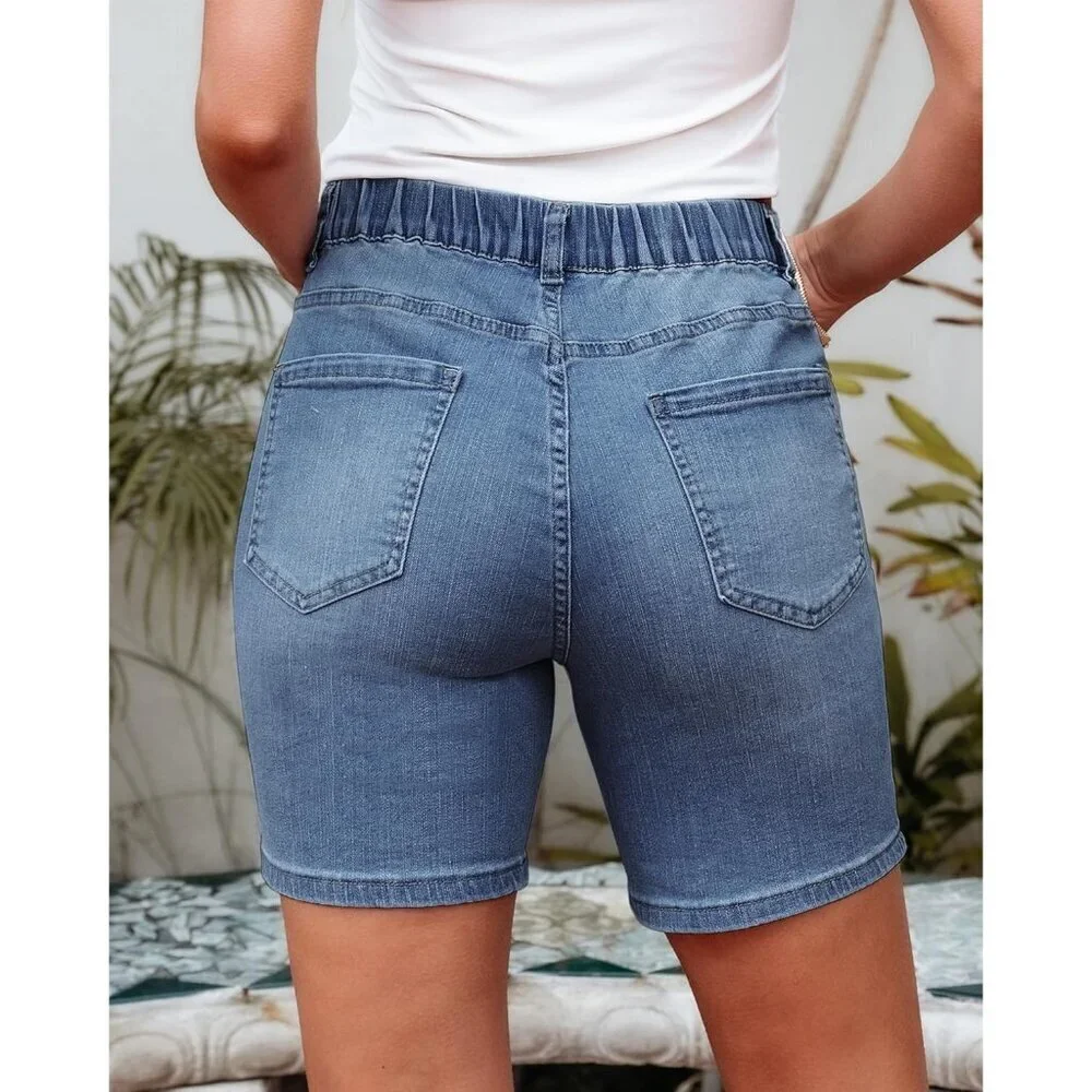 Women’s Jean Shorts Stretchy Mid Rise Casual Long Denim Summer Fashion